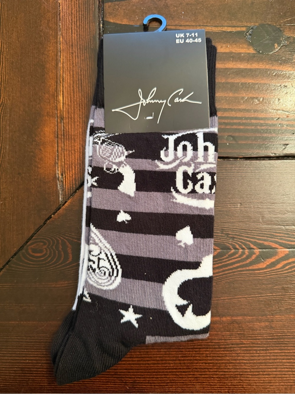 Johnny Cash Black & Gray Striped Graphic Crew Socks
